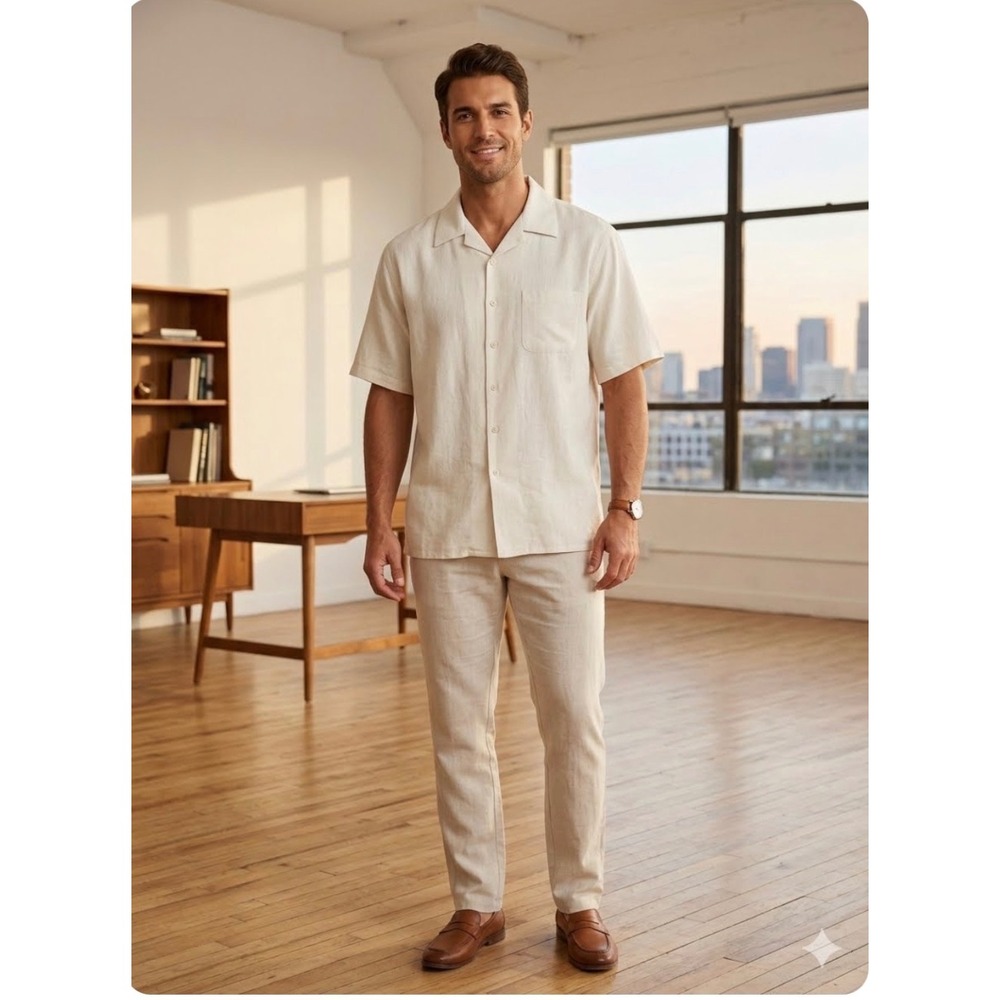 Classico Linen Blend Button Up Shirt 2X Beige Short Sleeve Camp Preppy Old Money
